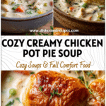 A creamy Chicken Pot Pie Soup served in a rustic bowl with golden crust pieces and fresh herbs.